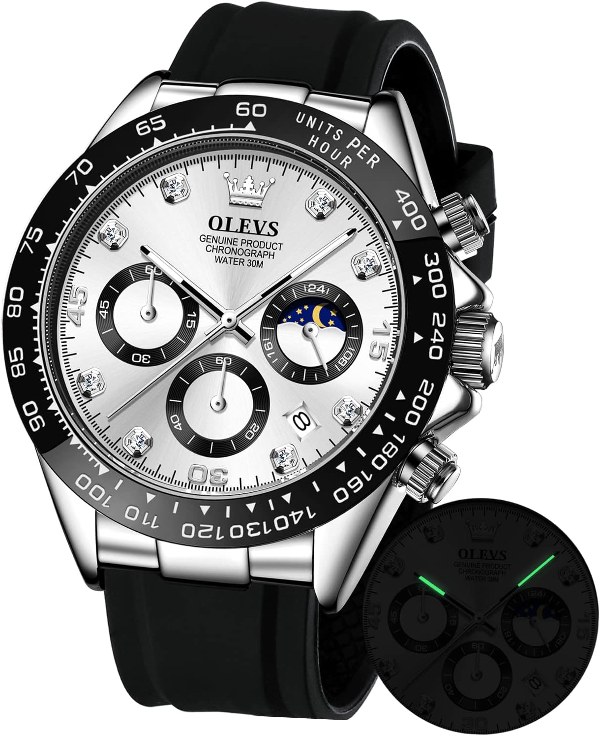 Men's Watches Chronograph Multifunction Sport Silicone Luxury Diamond Moon Phase Quartz Male Watch Waterproof Wrist Watch