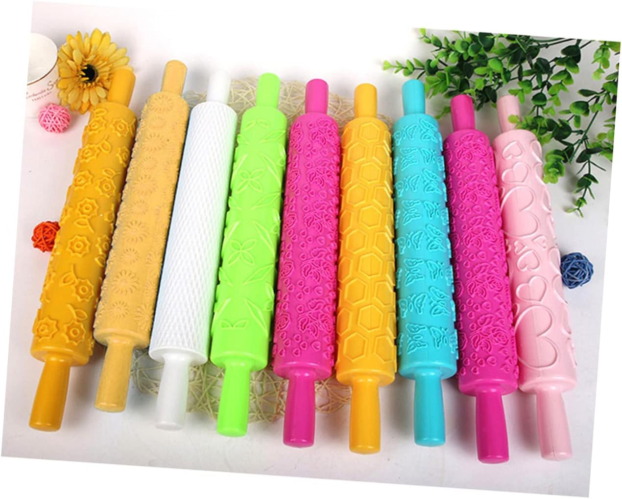 Pattern Embossed Rolling Pin 8pcs Multifunctional Baking Roller for Cake Fondant Easy to Clean Food Grade Plastic Embossed Dough Tools Random Style