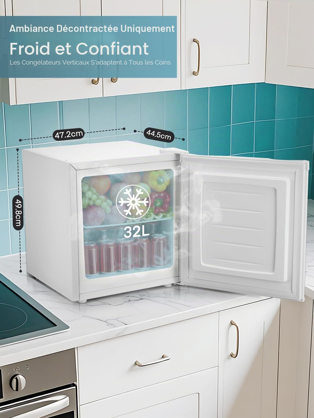 FOHERE 32L Mini Congélateur, Petit Congélateur Silencieux, 7 Thermostat Réglable, Porte Réversible, Blanc
