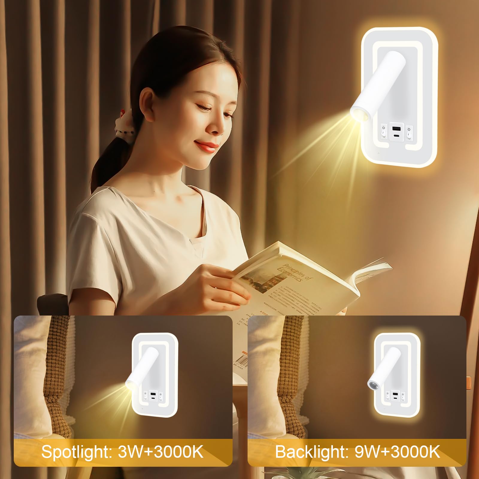 HUIZHOU Aplique de Pared LED 3W + 9W, Lámpara de Lectura con Puerto USB, Luz de Cabecero Giratoria 3000K, Flexible y Moderna para Dormitorio, Escalera y Pasillo (rectangular Blanco)