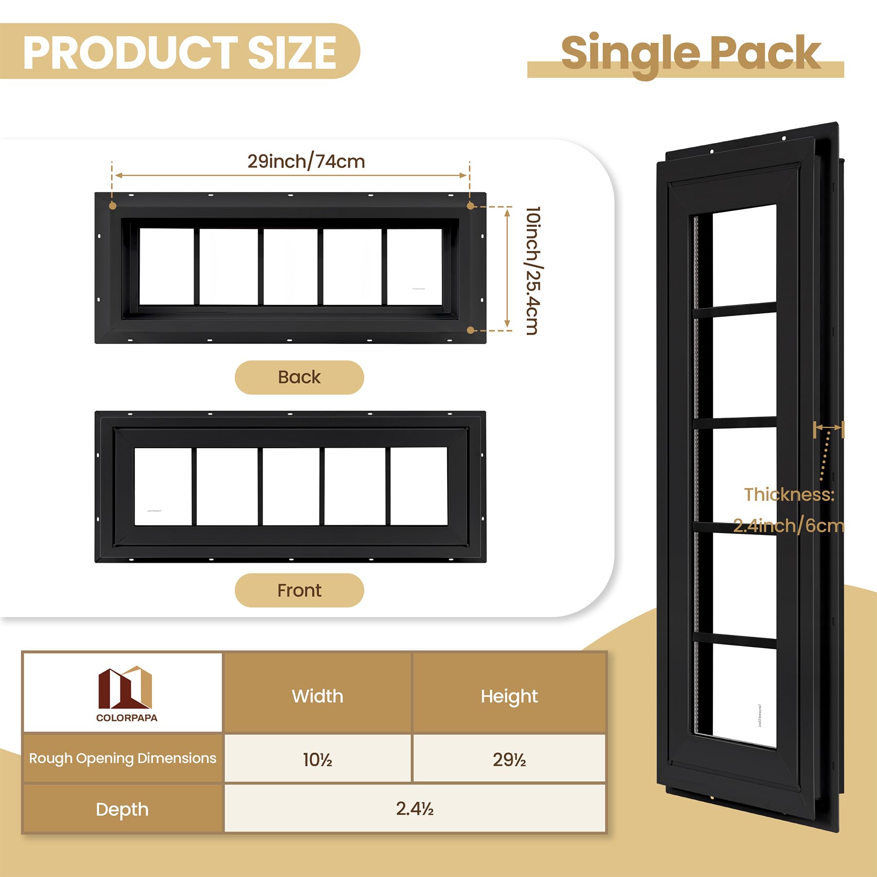 Finestra di poppa in vinile, 25,4 x 73,7 cm, doppia finestra, fissa con griglie e vetro temperato per casa, sopra porte, garage, corridoi (nero)