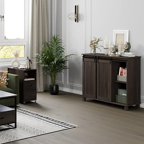 Miniatura 5 de HOSTACK Armario de buffet de granja gabinete de barra de café con 2 cajones y estantes ajustables gabinete de almacenamiento de puerta corrediza de