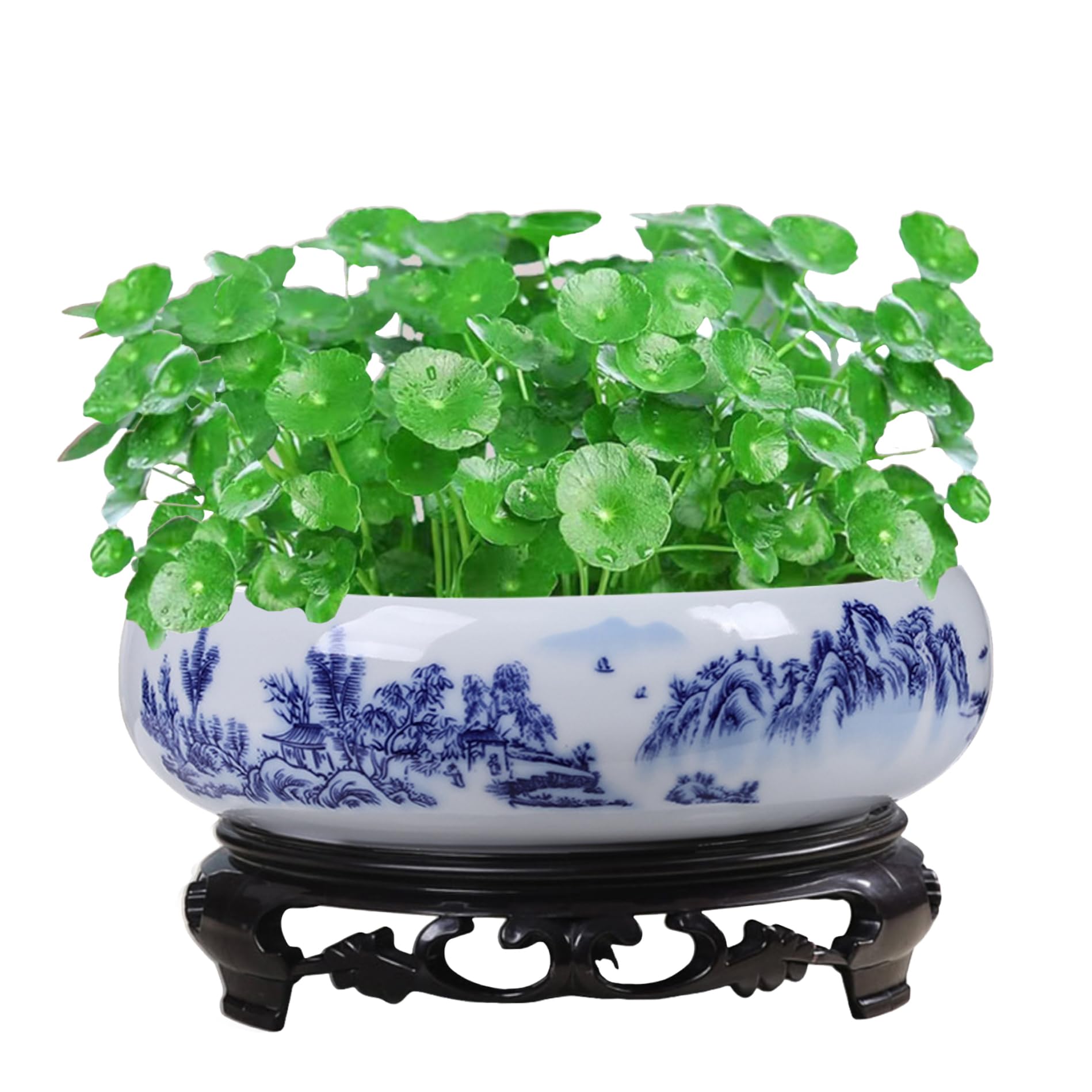 Muzrunq Lotus Planter with Base, Ceramic Lotus Bowl Planter Blue and White Decorative Round Flowerpot Hydroponic Container for Garden, Balcony, Office.