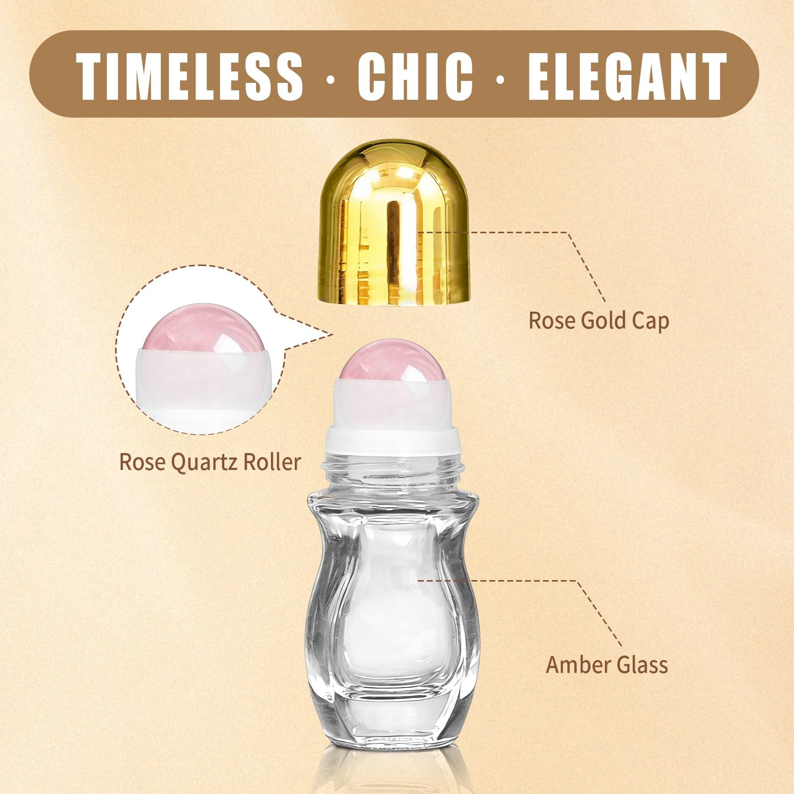 Warmify Refillable Roller Waisted Bottles, Clear Bottle Rose Quartz Roller, 30ml - 3