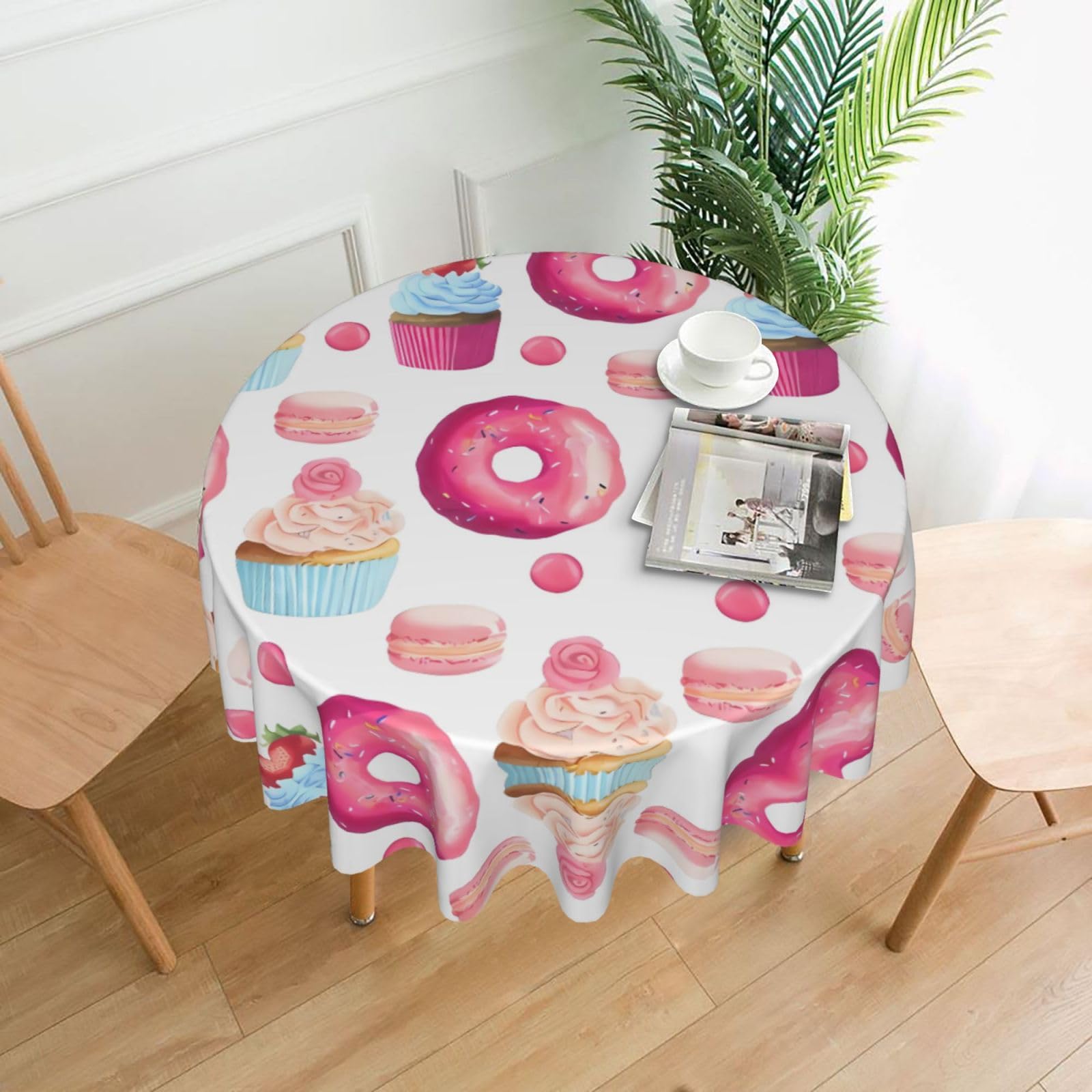 WHJSHOP Pink Donut and Cupcake Prints Round Table Throw 60 Inch – Waterproof Table Cover for Dining, Coffee Tables, Parties & More - Soft, Wrinkle-Resistant Table Layer