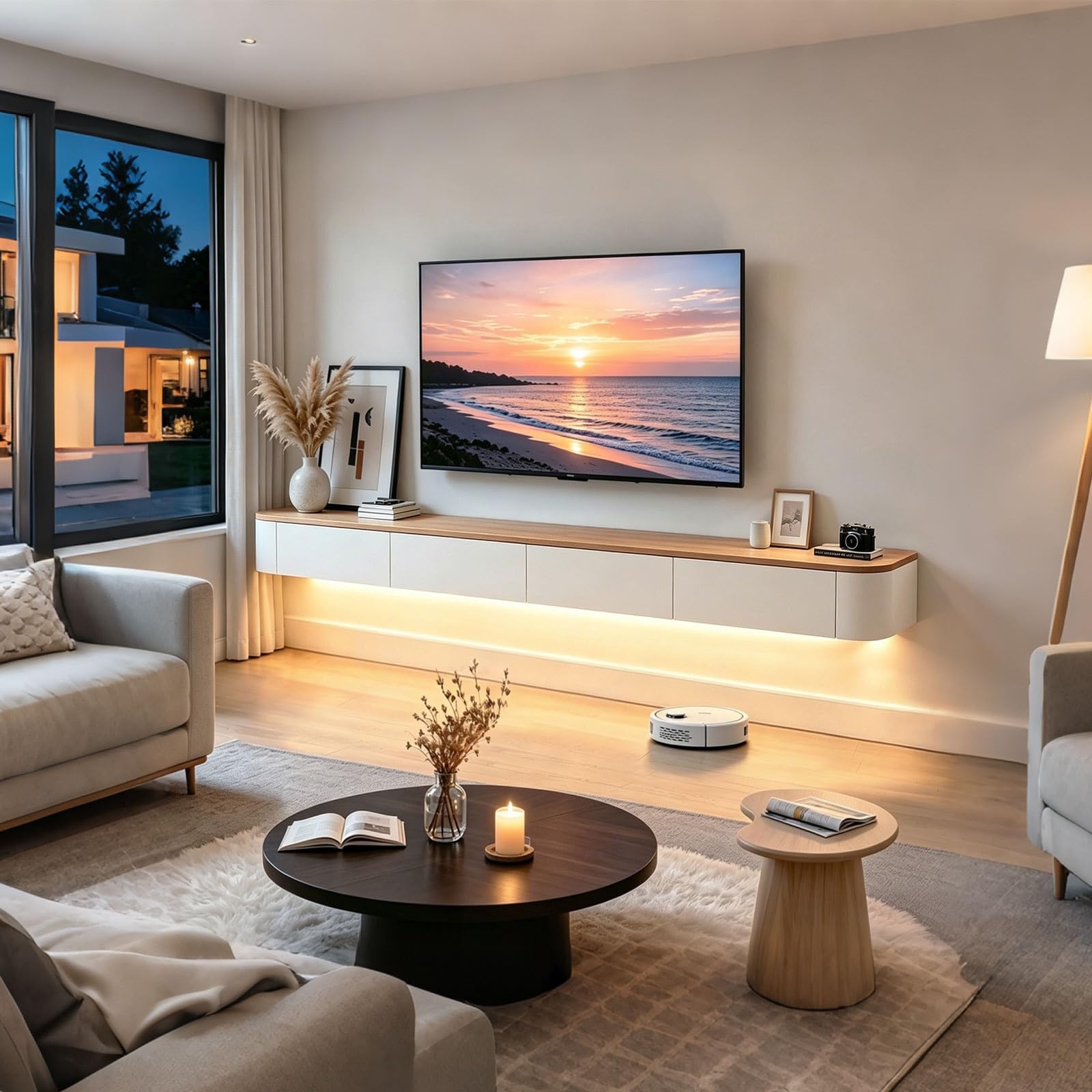 Meuble TV moderne en noyer noir avec tiroirs de rangement, meuble de divertissement mural en bois pour salon, chambre à coucher, bureau - 140-200 cm (blanc et 120 cm)