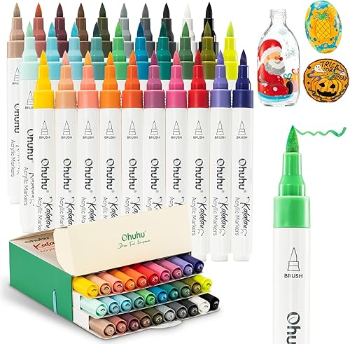 Ohuhu Plumones de pintura acrílica con punta de pincel: 30 colores de marcadores de pintura acrílicos impermeables de alta opacidad para pintar