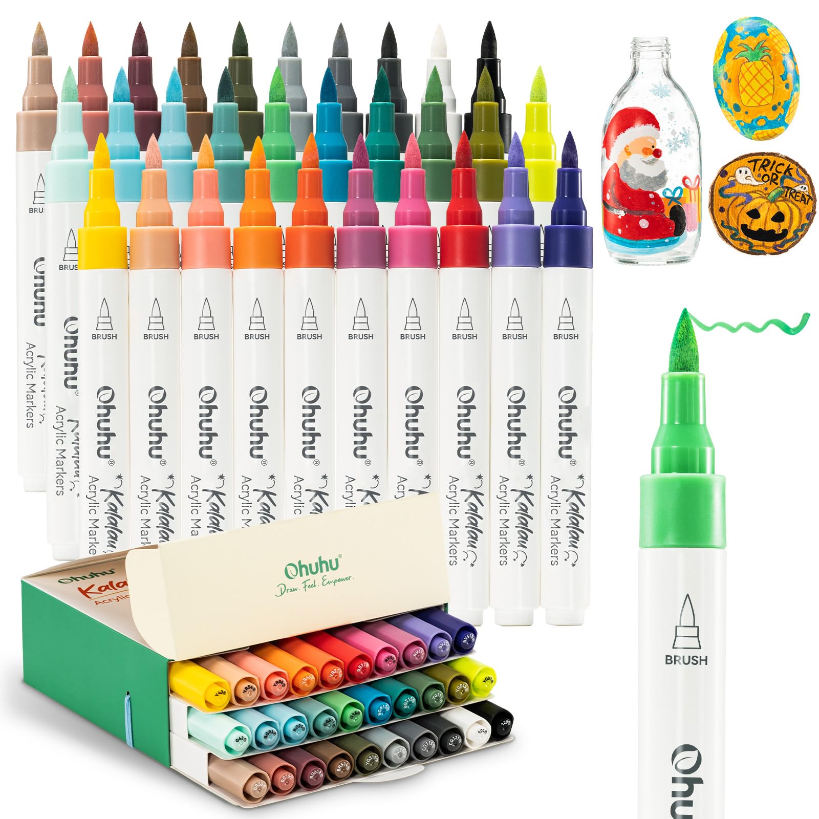 Ohuhu Acrylstifte mit Pinselspitze 30 Farben: Hochdeckende & Wasserfeste Acrylmarker für Steine, Ostereier, Holz, Glas, Keramik & Leinwand - Kalalau