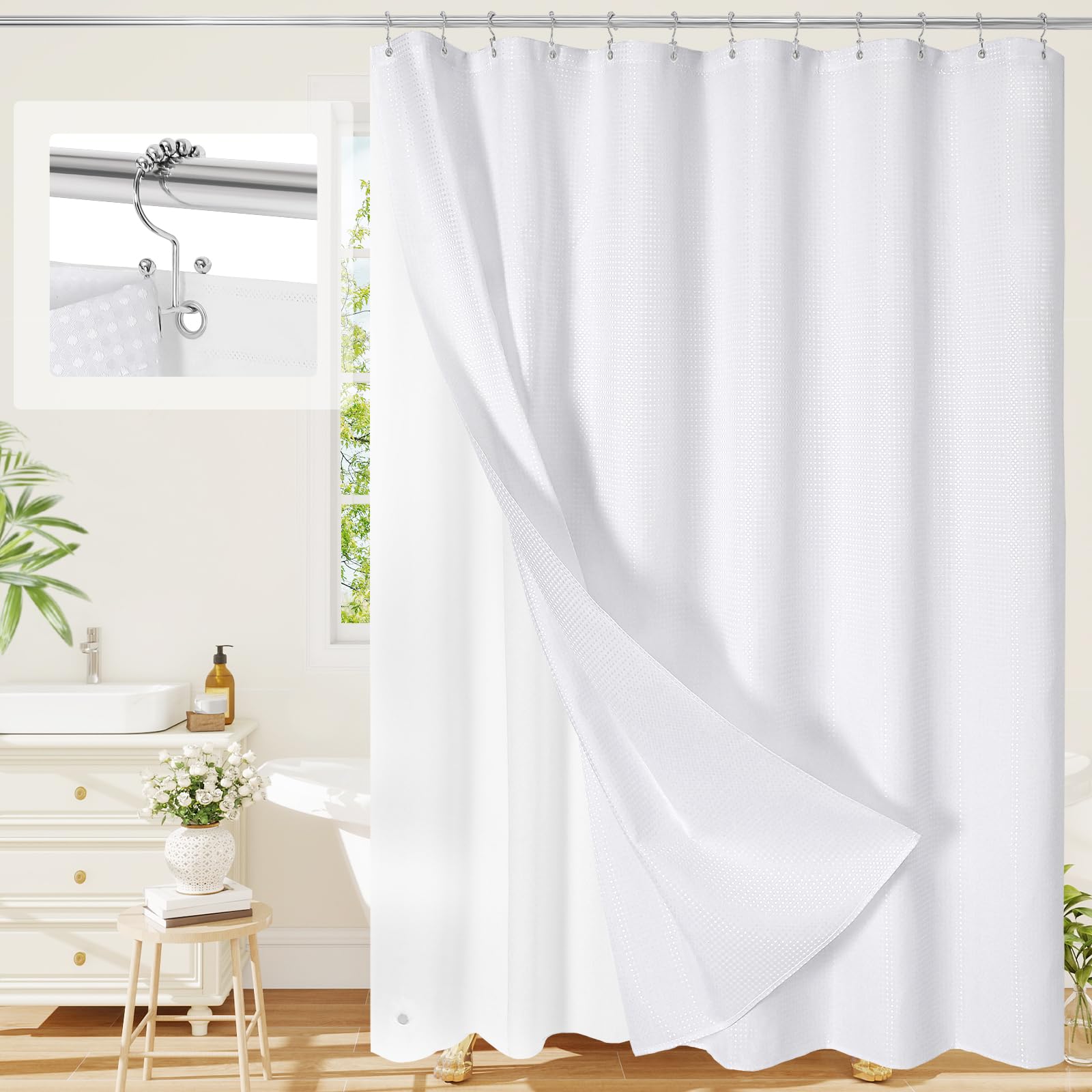 3 in 1 Long Shower Curtain Set-72 W x 78 H, White Waffle and PEVA Liner Set with 12 Stainless Steel Hooks, Waterproof Fabric for Bathroom