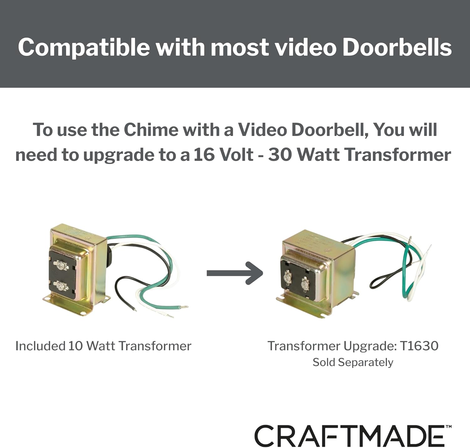 Craftmade CK2001-FB Designer Door Chime Kit includes Flat Black Door Chime with 2 Black Buttons and T1610 Transformer