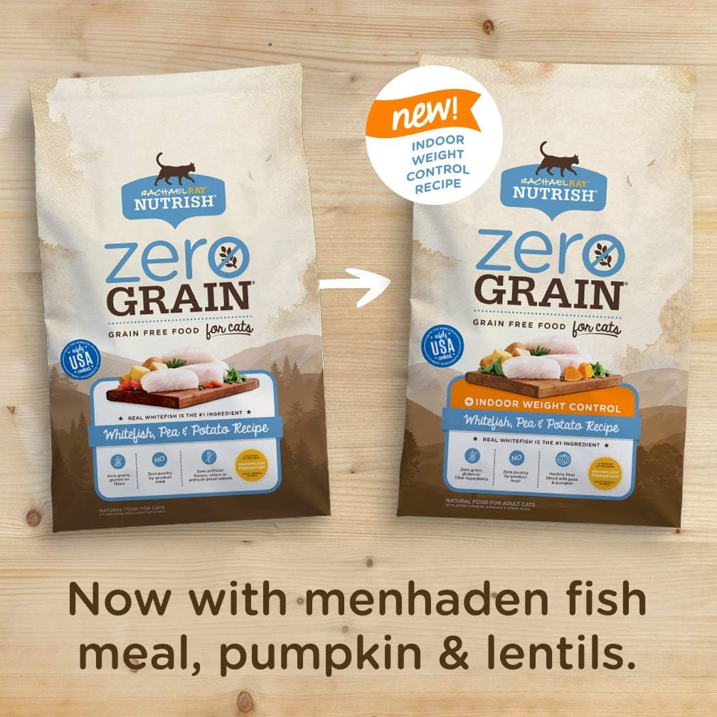 Rachael Ray Nutrish Zero Grain Natural Indoor Dry Cat Food, Whitefish, Pea & Potato Recipe, 3 Pounds, Grain Free