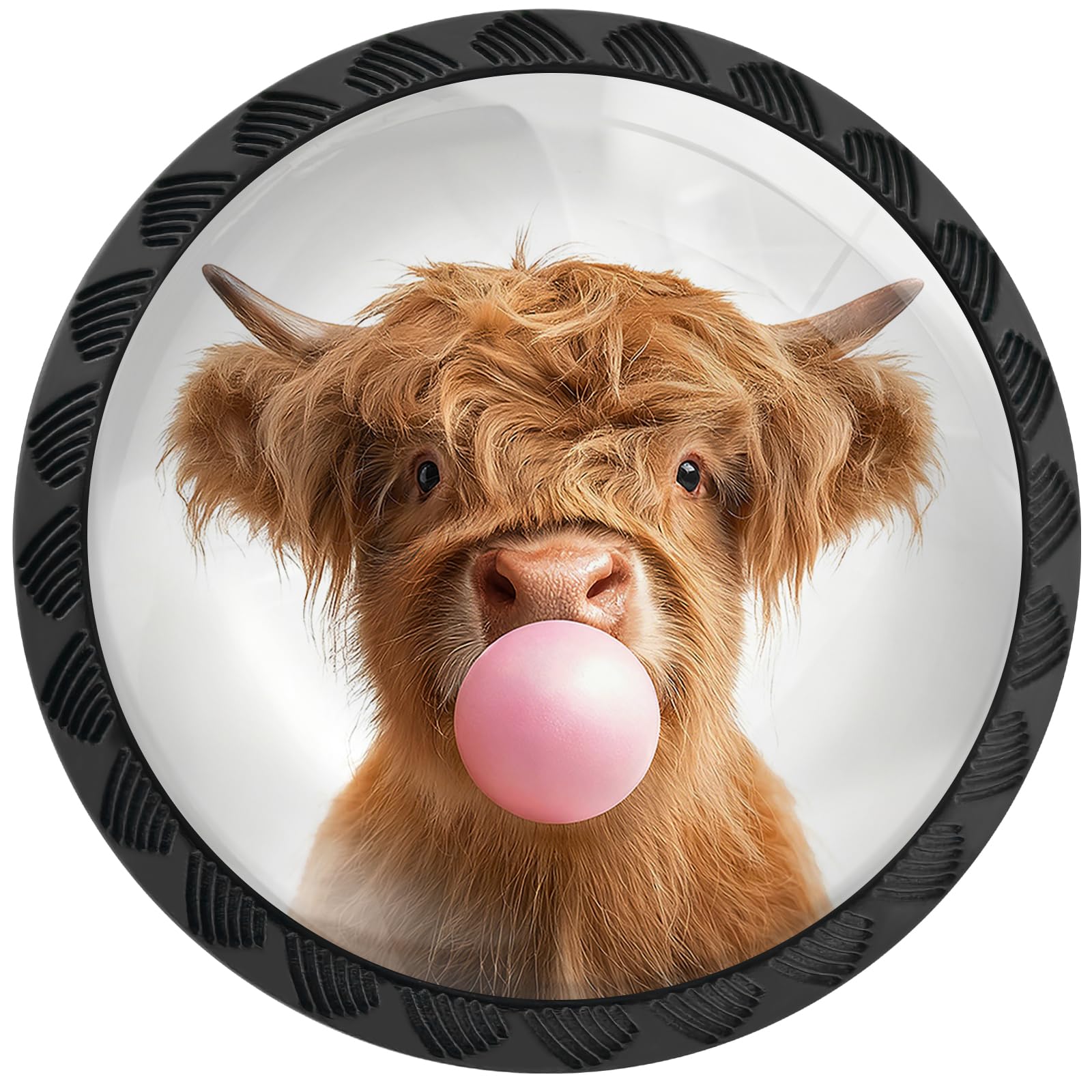 Artinhand Cute Highland Cow Blowing Bubble 4 Pack Cabinet Knobs Round Drawer Pulls Black Dresser Knob Cupboard Door Handles Hardware For Kitchen Bathroom Cabinets