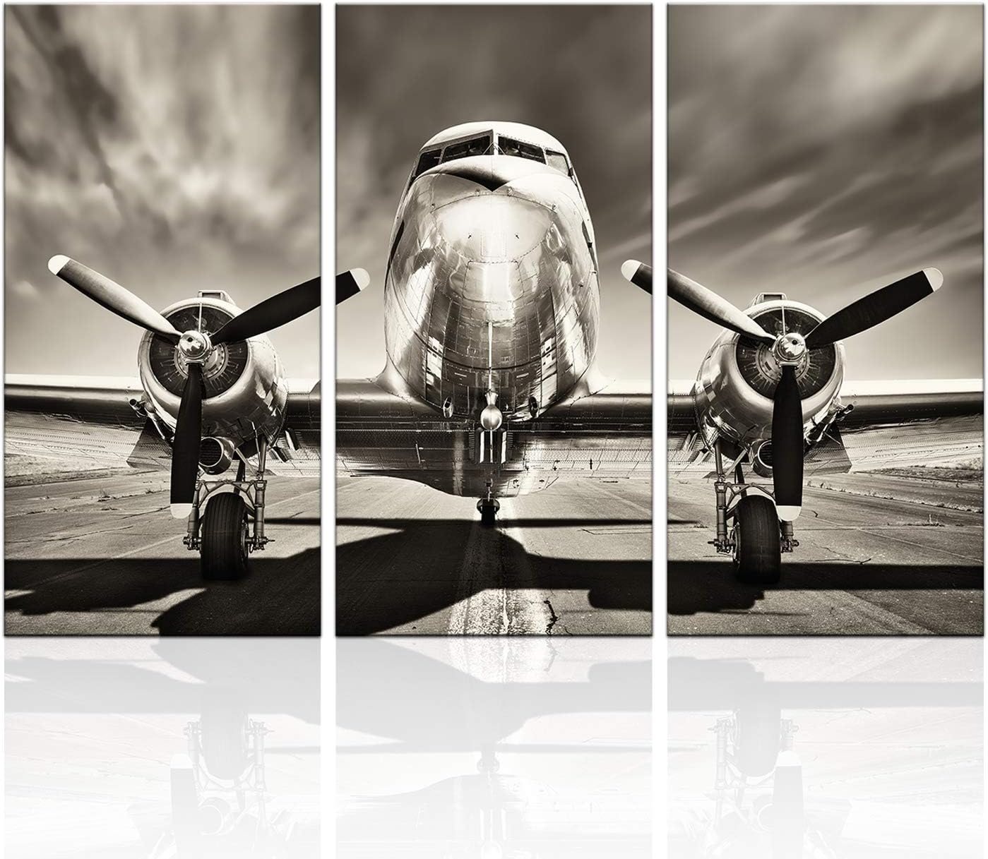KLVOS 3 Piece Airplane Wall Art Vintage Black and white Propeller Aircraft Picture for Boy Room Home Office Modern Home Decor Stretched and Framed Ready to Hang – 16″x32″x3pcs