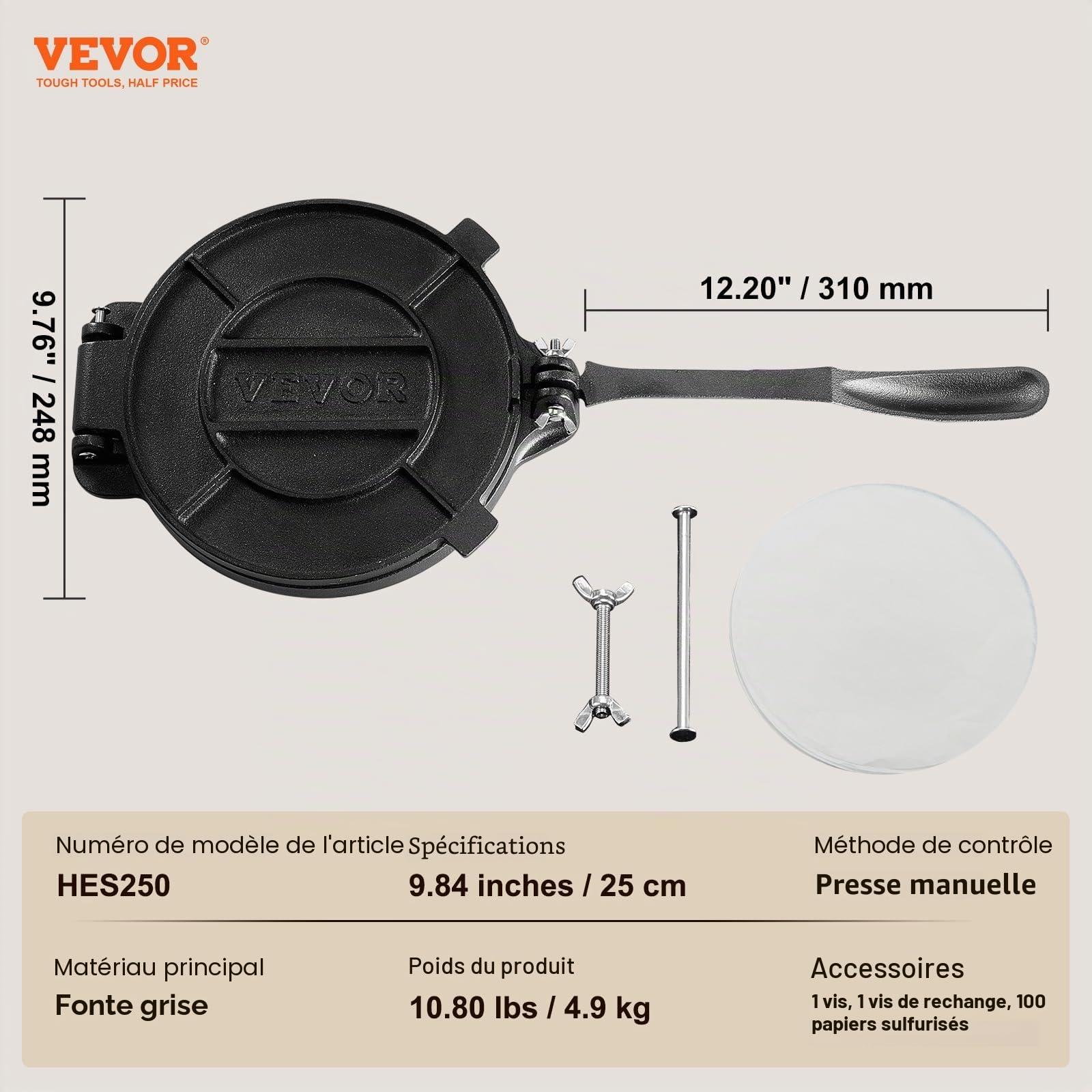 VEVOR Presse à Tortillas en Fonte Résistant 25 cm Appareil Chapati Manuel Presse à Burrito avec 100 Feuilles de Papiers Supplémentaires Parfaite pour Faire les Crêpes les Tartes les Rotis Indiens