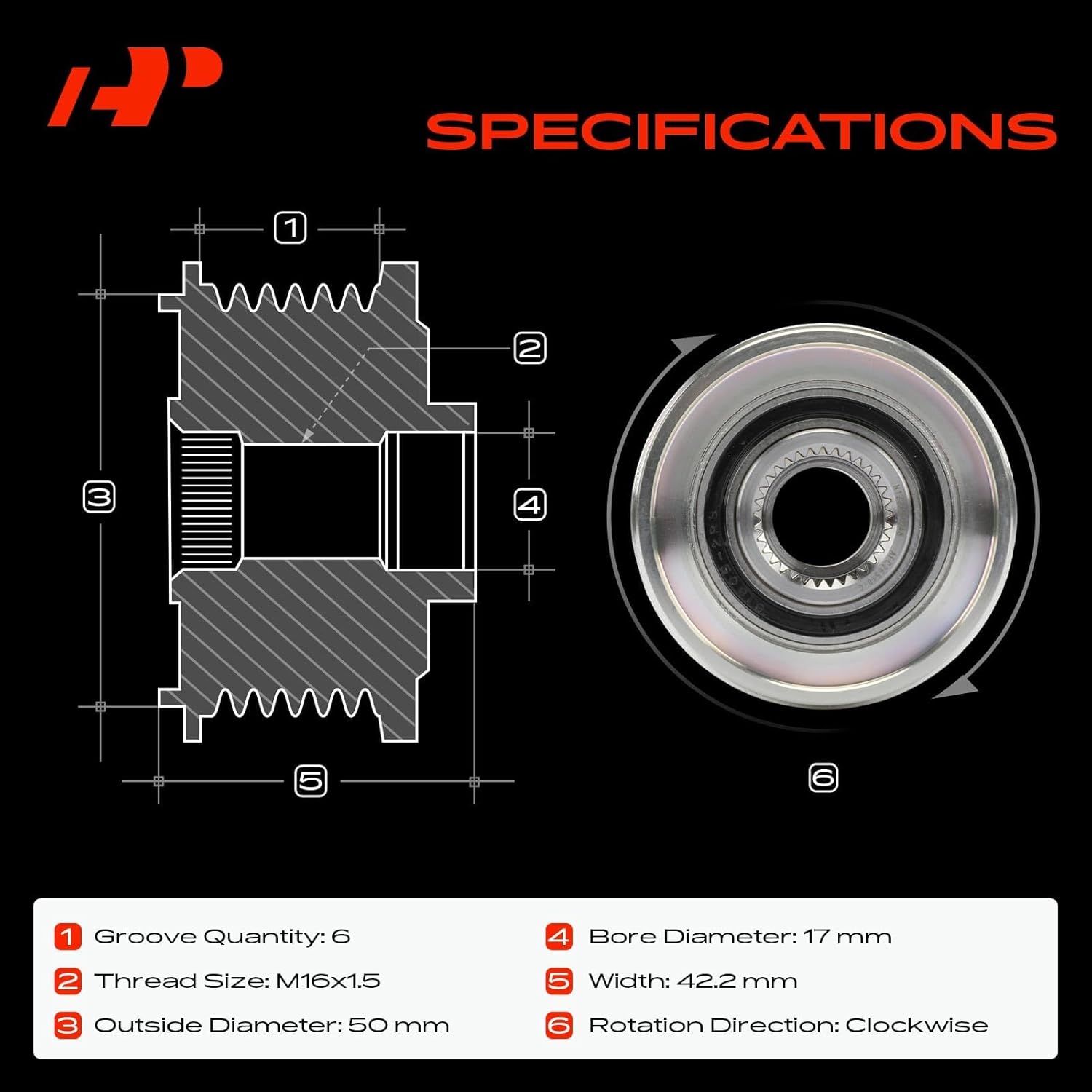 A-Premium Alternator Freewheel Clutch Pulley, 6 Grooves, Compatible with Nissan Sentra 2013-2019 1.8L, Clockwise