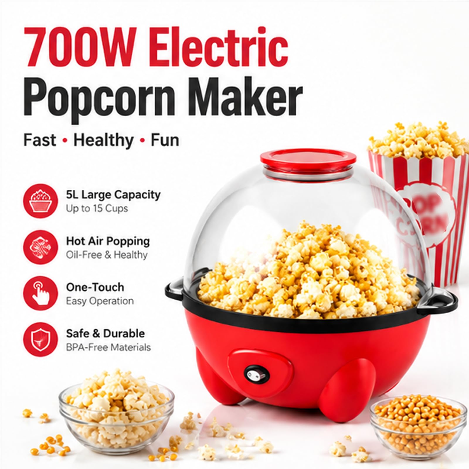 700W elektryczny popcorn maker, pojemność 5L | Włącznik/wyłącznik, łatwa w czyszczeniu powierzchnia, automatyczne mieszanie maszyny do popcornu do kina