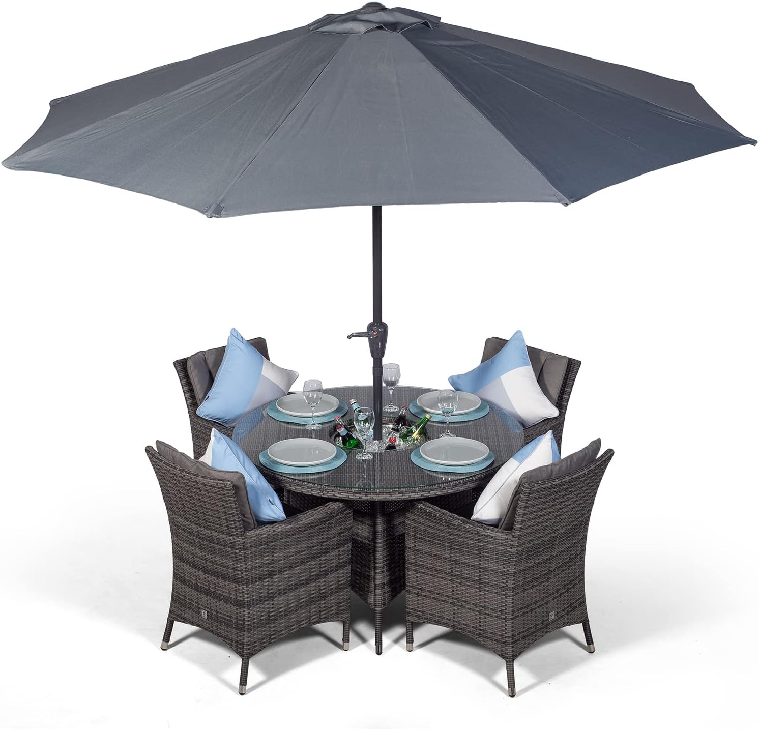 Savannah 4 Seater Grey Rattan Dining Table & Chairs with Ice Bucket Drinks Cooler | Outdoor Poly Rattan Garden Dining Set with Parasol & Cover