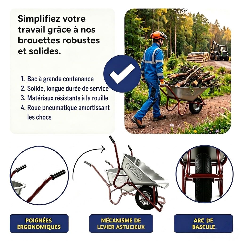 STEINWEG - Brouette de chantier - 100 l - 250 kg - Pneus pneumatiques avec bac galvanisé - Construction robuste pour le jardin et les besoins de construction - Pneus pneumatiques avec jantes en acier