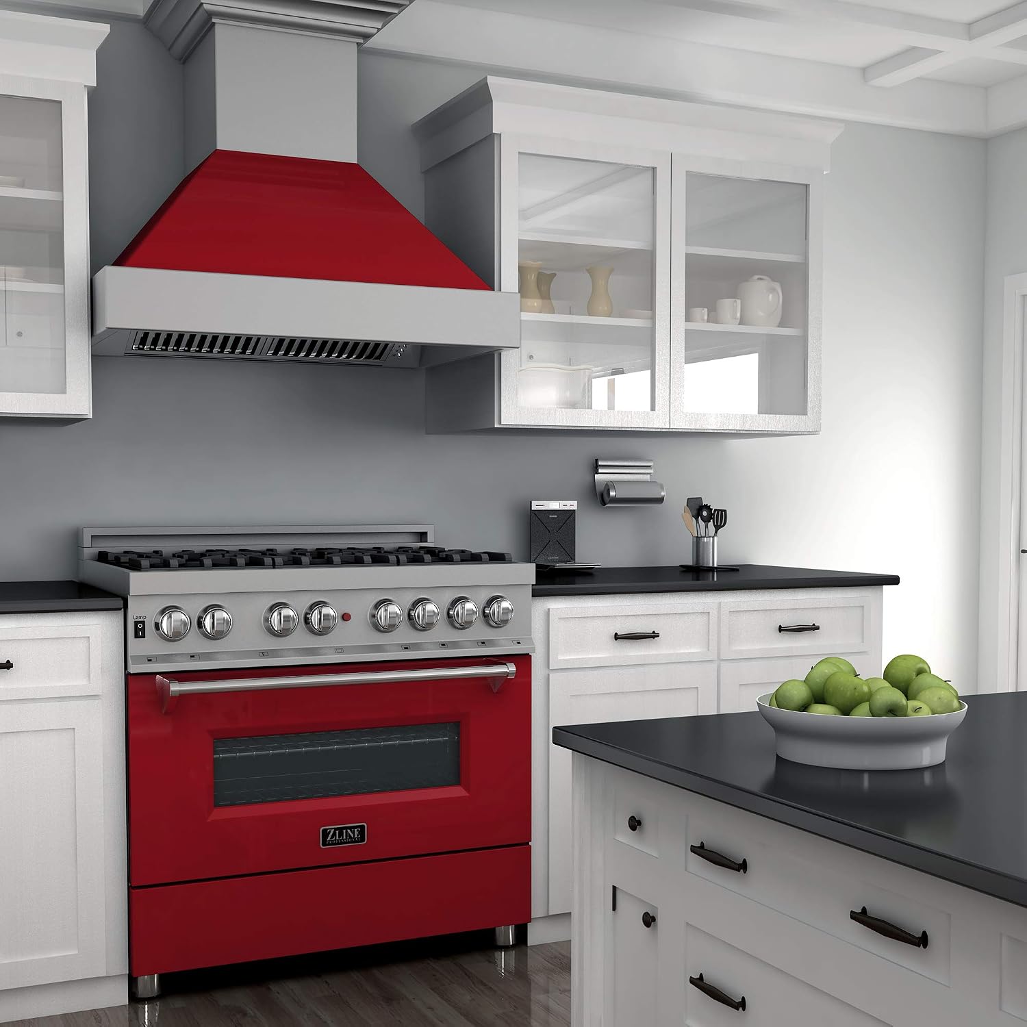 ZLINE 36 in. 4.6 cu. ft. Legacy Dual Fuel Range with 6 Burner Gas Cooktop and Electric Convection Oven in Satin Stainless Steel and Red Gloss Door (RAS-RG-36)
