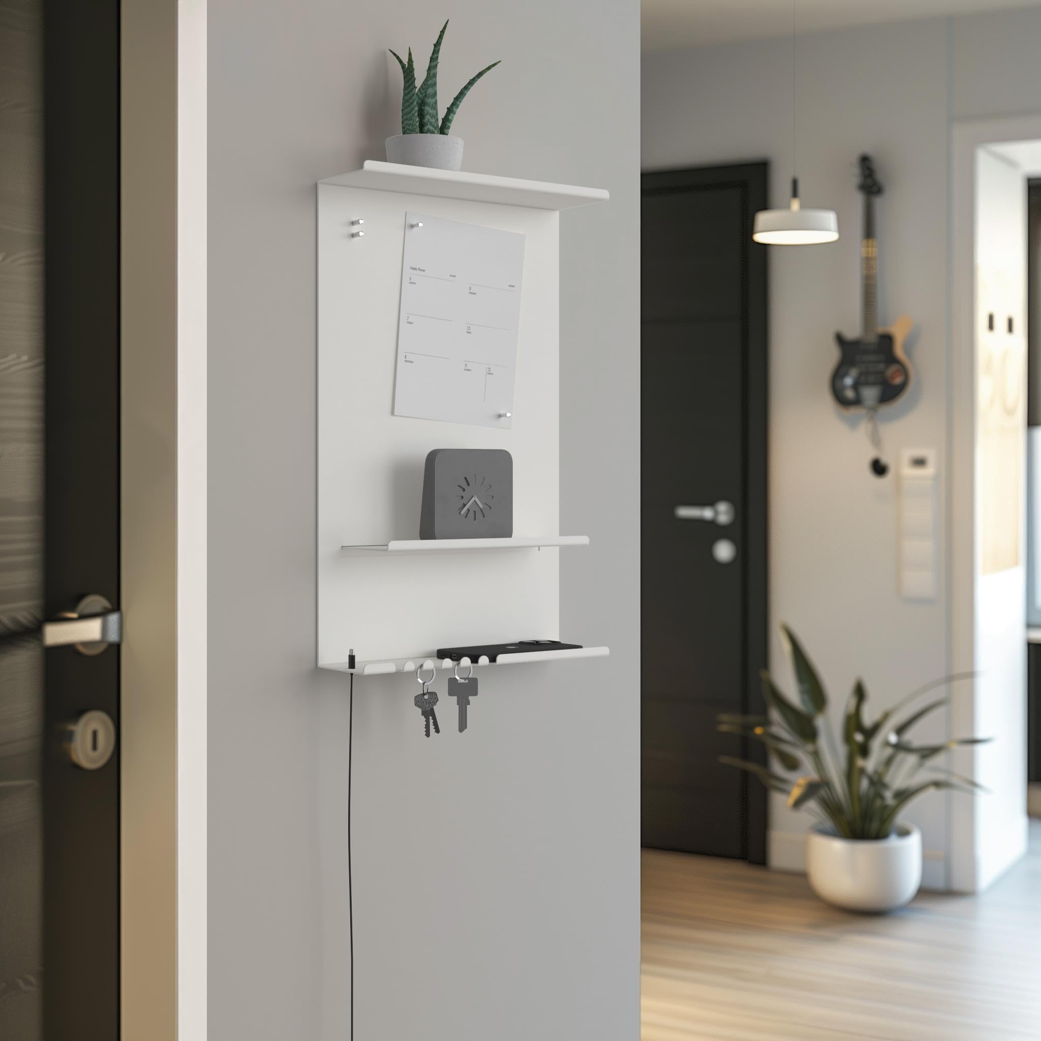 byde Organizer Ścienny Hele Wykonany z Metalu 30 x 9 x 49 cm Półka Ścienna 3 w 1 z Tablicą Magnetyczną i Magnesami. Organizer na Klucze i Notatki. Montaż na Ścianie z Szablonem Montażowym. Kolor Biały