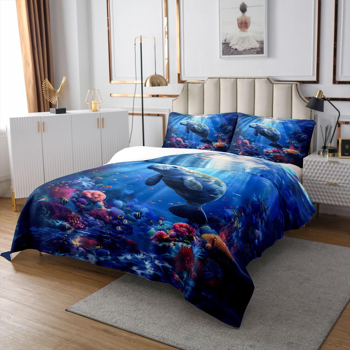 Homewish Seekuh Bedspread 220x240cm | Ozean Tagesdecke Bettüberwurf Meerestiere Bettüberwurf Bunte Korallenriff Fische Steppdecke Raumdekor 2 Kissenbezüge