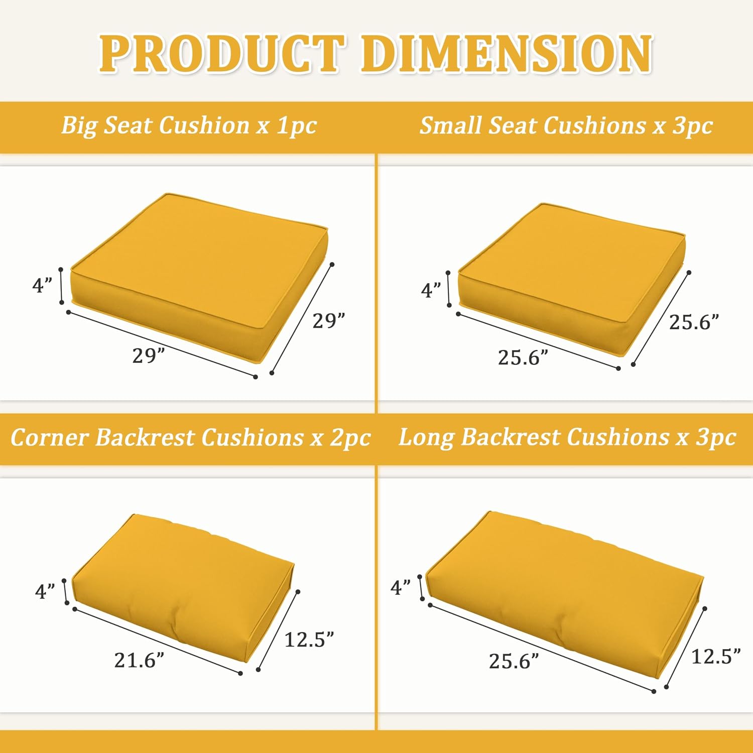 9-Piece Replacement Cushions for Patio Furniture Thick Outdoor Chair Cushions Memory Foam Waterproof Deep Seat Cushion for Sectional Set of 4 Liner&Cover Yellow
