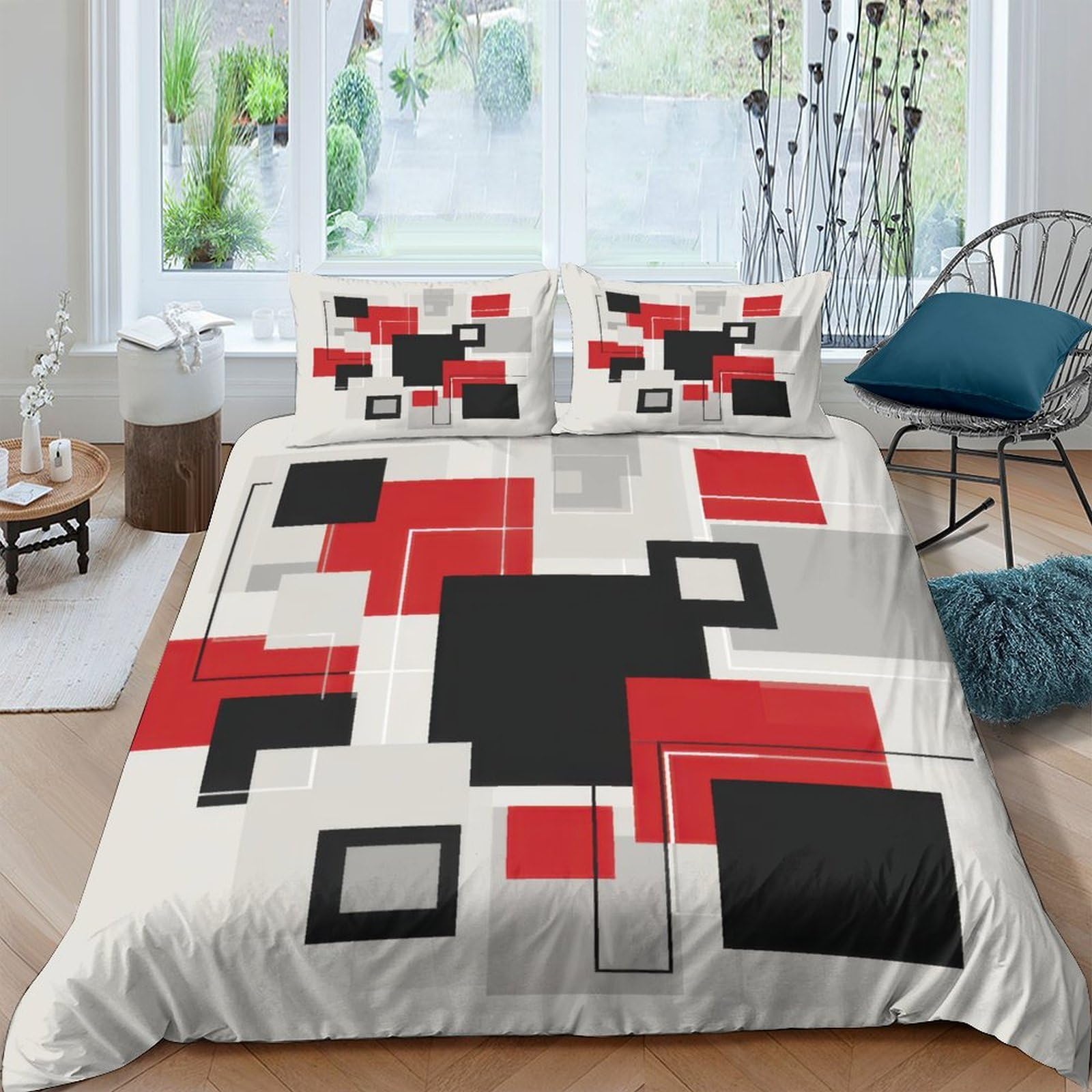 Ctjqhvkz Style-4 3D Printed Geometric Red Black Fitted Sheet Microfiber Soft Breathable Abstract Square Bed Cover For Bedroom Guestroom Single（135X200cm）