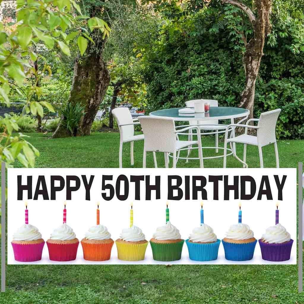 Happy 50th Birthday Banner - Cupcakes 3 feet x 9 feet Vinyl Banner