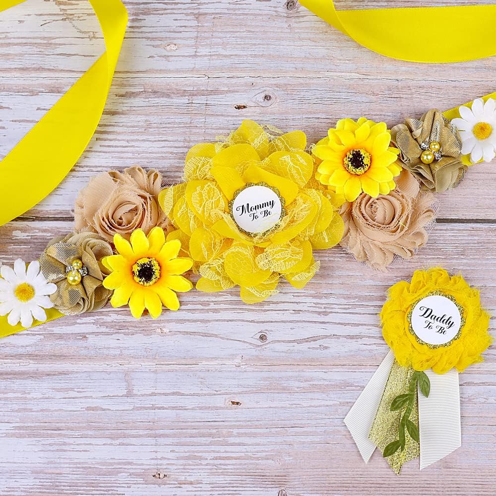 Nishine Maternity Daisy Flower Sash Belt with Badge Set Pregnant Women Waisband Belt Mom to Be Sash Photography