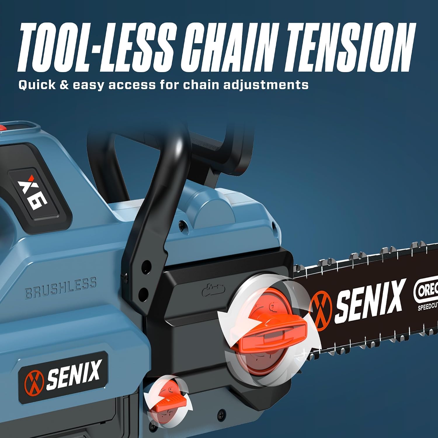 Diagram showing the tool-less chain tensioning mechanism on the SENIX chainsaw, with arrows indicating adjustment direction.