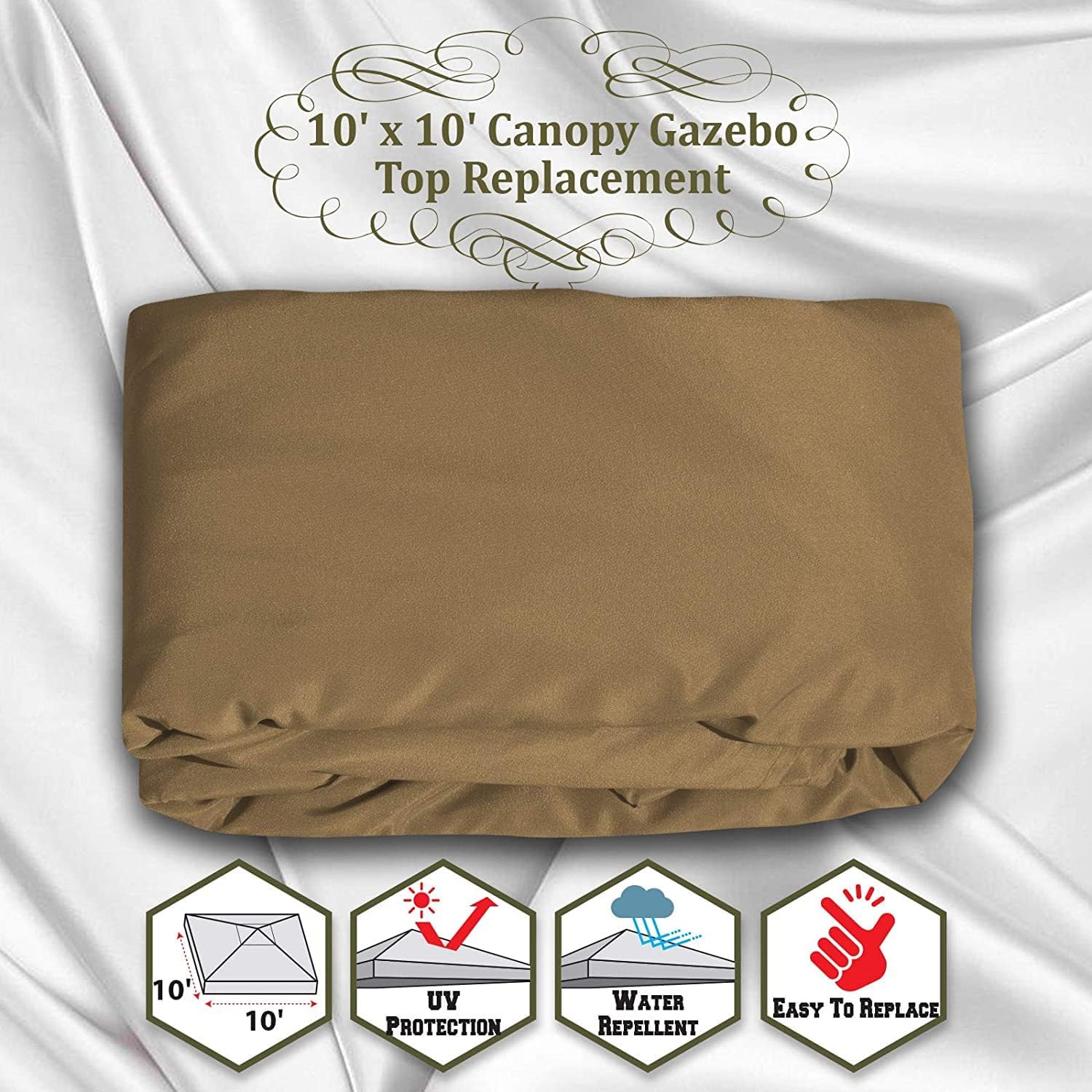 YardGrow 10x10 FT Gazebo Replacement Canopy Top Cover Single Tiered Patio Sunshade Upgraded UV Protection, Canopy Cover ONLY (Tan)