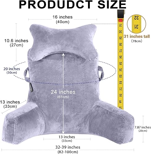 Miniatura 4 de Almohada de lectura, almohada extragrande de 31 pulgadas con rollo de cuello desmontable y brazos para sentarse en la cama o en el sofá, almohada de