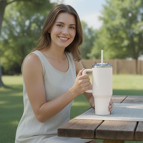 Miniatura 8 de COKTIK Vaso de 40 onzas con asa y tapa con popote, taza de café de viaje aislada al vacío, taza aislada de acero inoxidable para bebidas, a prueba