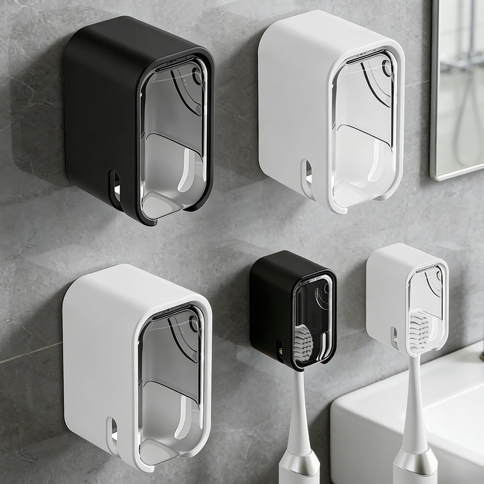 3 Pack Wall Mounted Toothbrush Holder with Lid - Adhesive No-Drill, Clear Acrylic Dust-Proof Cover, Electric Toothbrush Holder Set, Bathroom Organizer for Family Travel