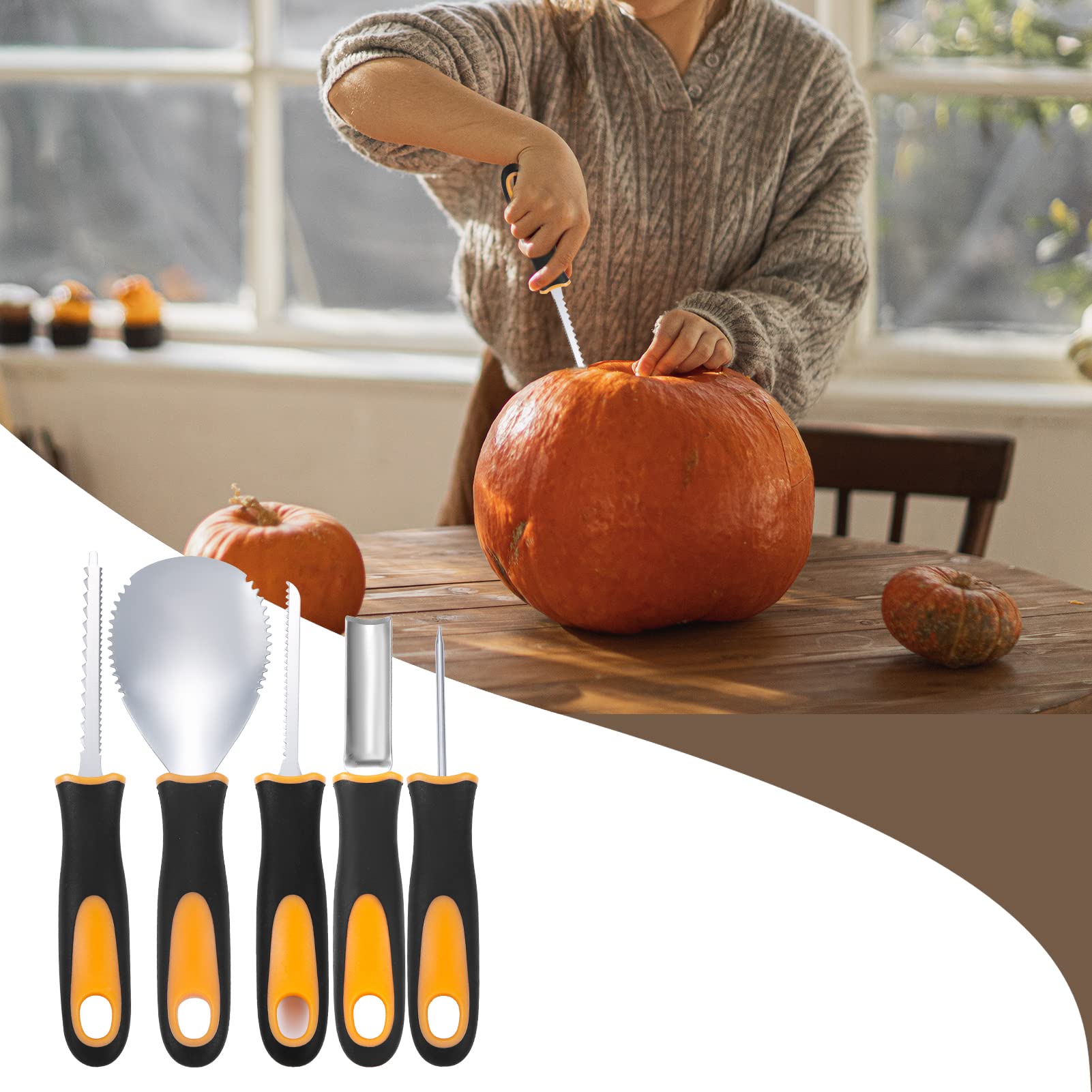 YUET Kit de talla de calabaza de Halloween, 5 piezas de herramientas profesionales de talla de acero inoxidable para decoraciones de Halloween