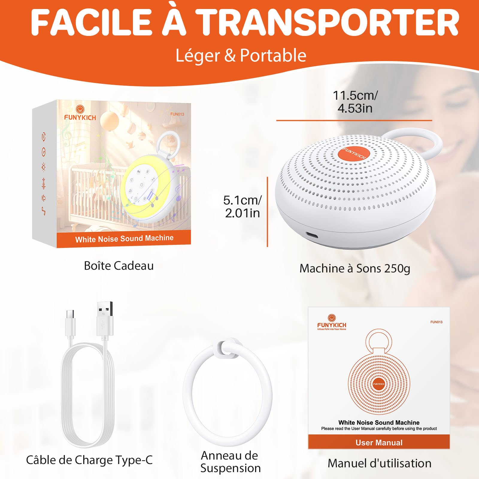 FUNYKICH Machine à Bruit Blanc Portable 24 Sons - Bruit Blanc Bébé avec Veilleuse pour Enfant et Adulte - USB Rechargeable pour Sommeil, Chambre d'Enfant et Voyages