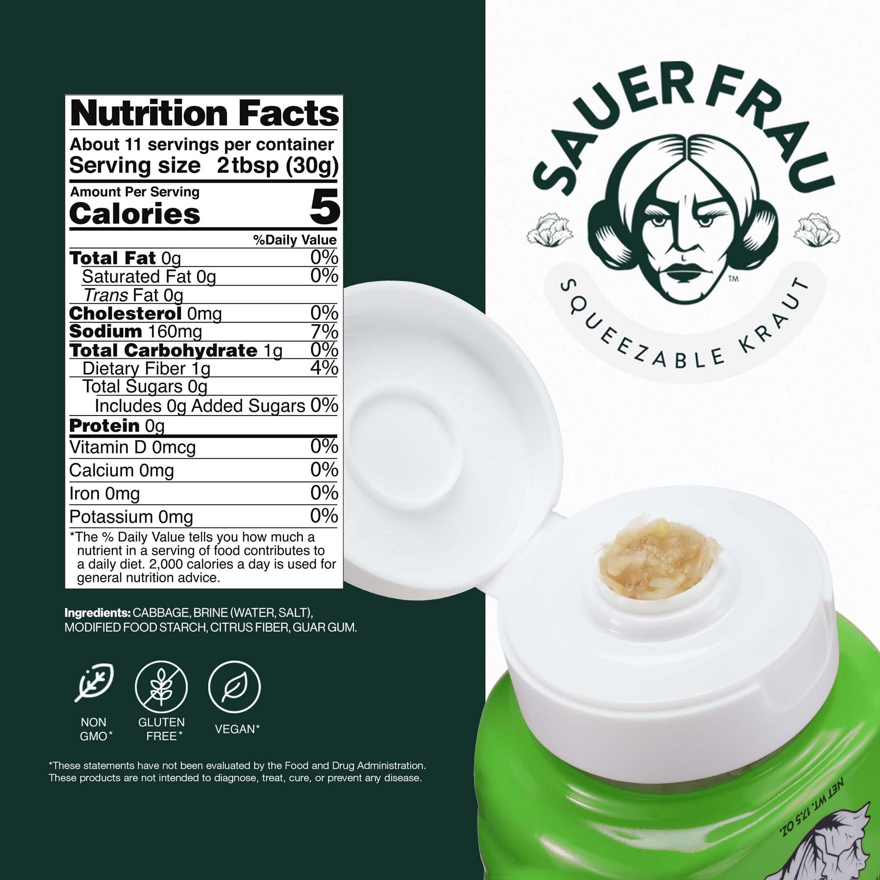 Sauer Frau - Squeezable Sauerkraut - Classic Flavor, Tangy Crisp, Fermented Cabbage, Bold Taste, Easy Squeeze Bottle - 12oz