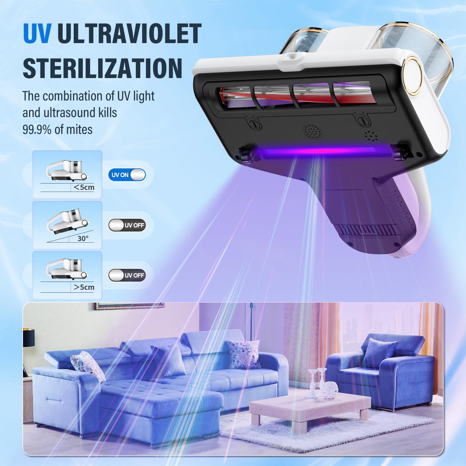 Aspiradora Antiácaros,Aspirador de Ácaros con Luz UV y Ultrasonido Calentamiento 16Kpa de Succión 500W Aspiradora de Acáros Elimina 99,9% de BacteriasAlérgenos y Ácaros Polvo Aspirador