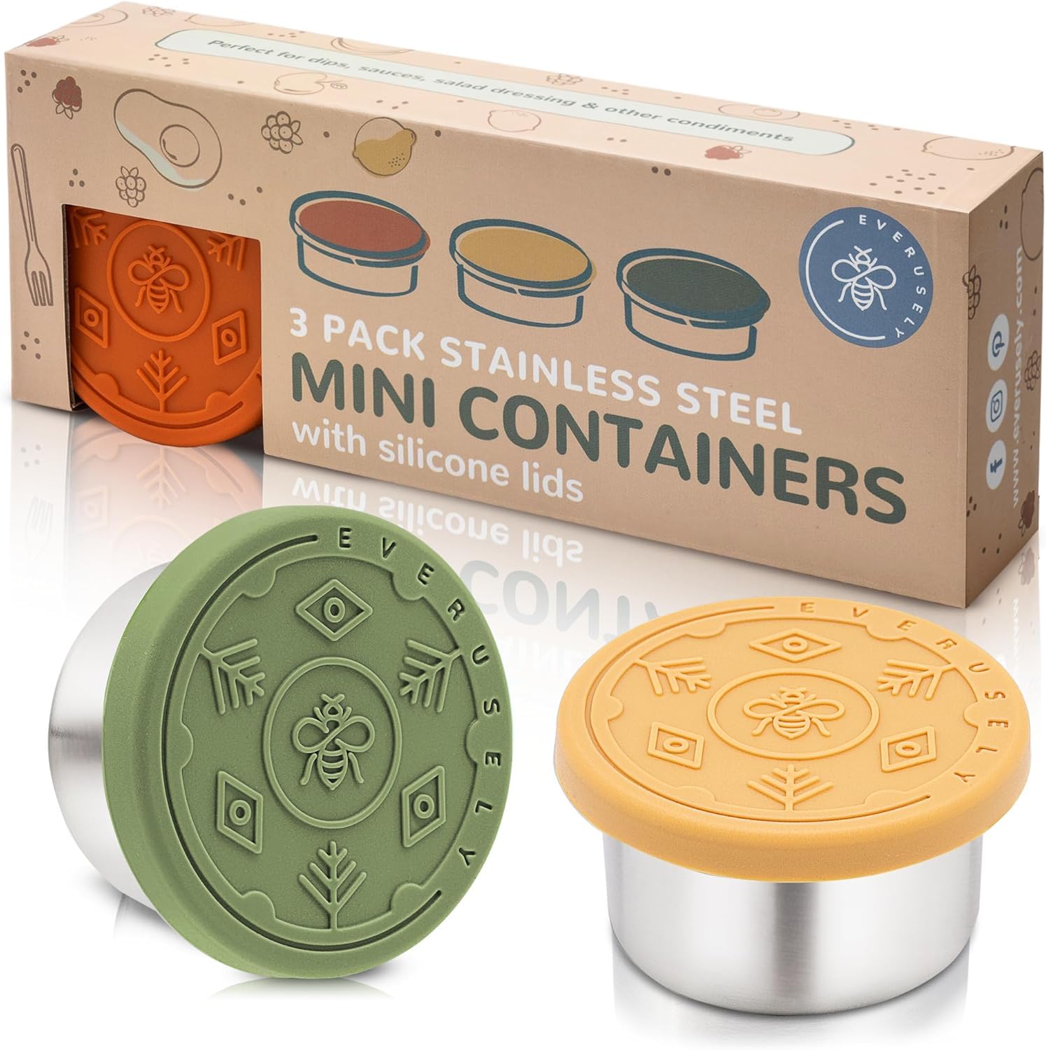 Everusely Condiment Cups - 3 Pack, 1.7 oz / 50 ml, Muted, Stainless Steel - Condiment Containers with Lids - Reusable Salad Dressing Container To Go - Sauce & Dip Cup for Lunchbox, Meal Prep