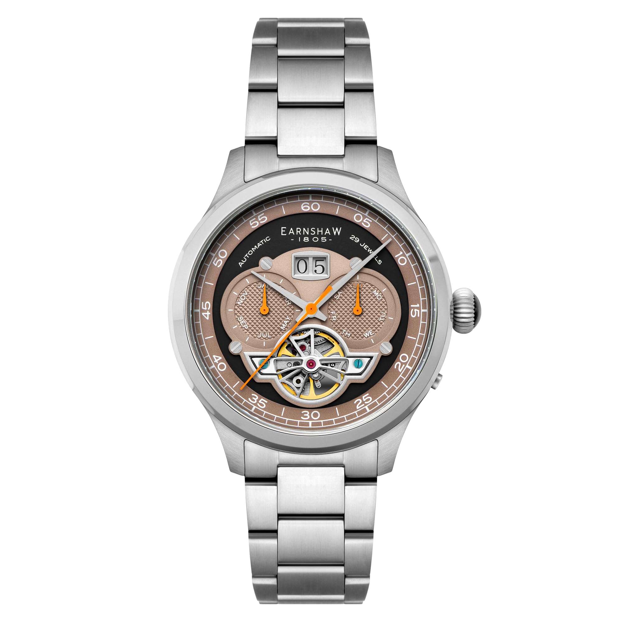 Thomas Earnshaw Baron Men's Watch – Automatic Open-Heart Movement, Grand Date Calendar, 43mm Stainless Steel Case, Leather Strap, 50m Water Resistant, ES-8187