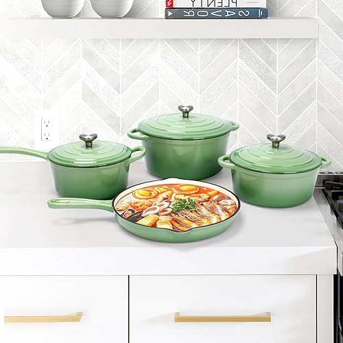 Miniatura 7 de Juego de utensilios de cocina de hierro fundido esmaltado antiadherente, 7 piezas de ollas y sartenes con tapa, sartén, cacerola, olla holandesa