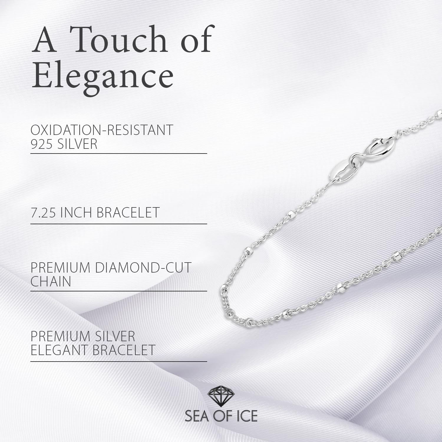 SEA OF ICE Sterling Silver 1mm Diamond-Cut Bead Station Rolo Chain Bracelet for women, Size 7.25" - Image 8