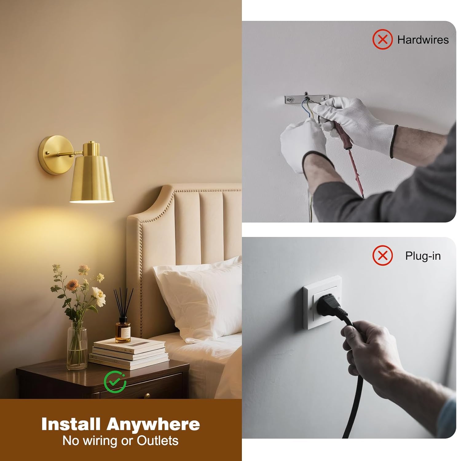 Gold Battery Operated Wall Sconces Set of Two with Remote, Rechargeable Battery Powered Wall Lights, 3 Color Temperature, Dimmable, Modern Wireless Wall Lamps for Bedroom Living Room Hallway