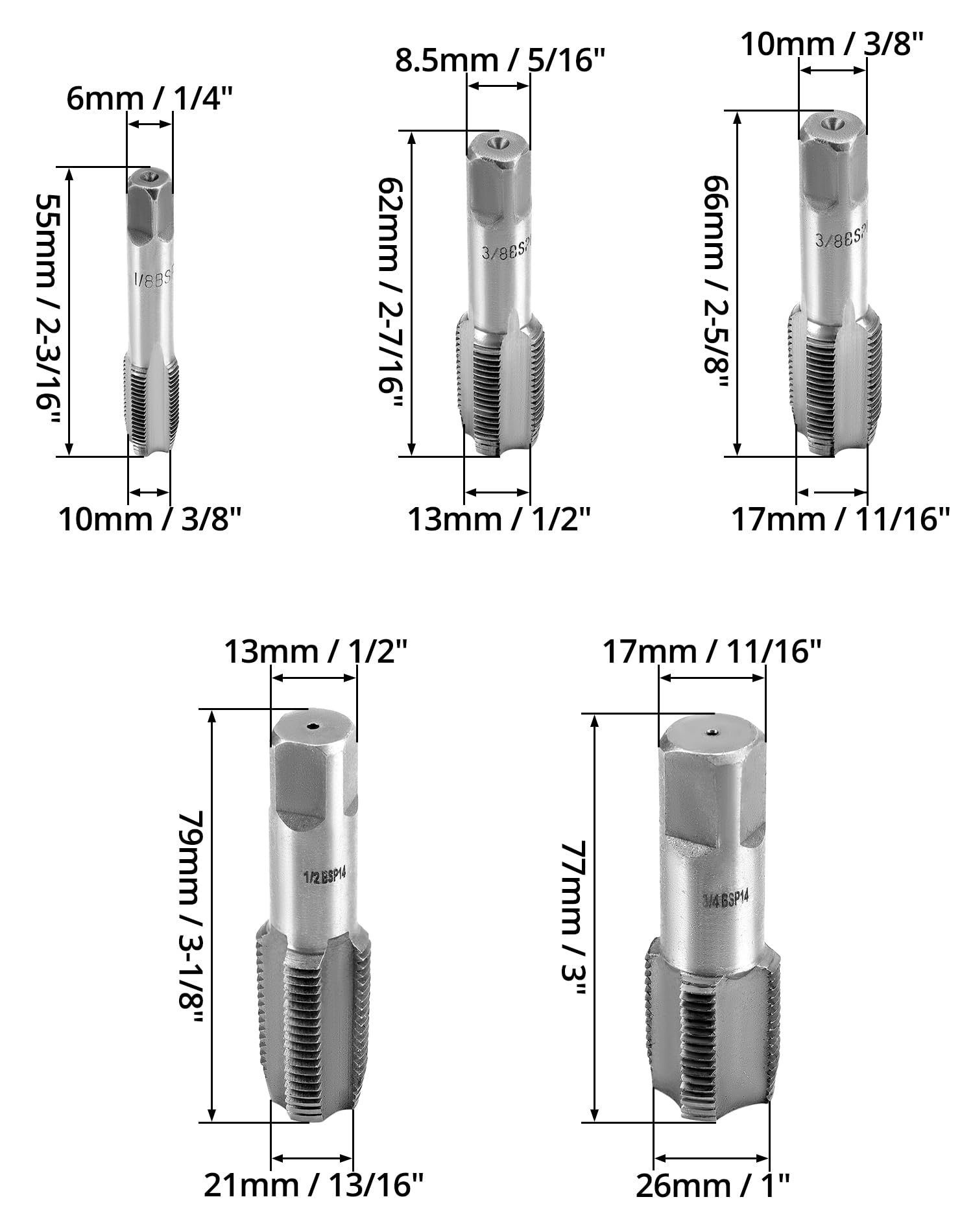 QWORK® 5 pezzi Set di Maschi a Tubo in acciaio, BSP da 55 gradi, adatto per giunti di tubi dell'acqua, riparazioni auto e macchinari, G1/8 G1/4 G3/8 G1/2 G3/4