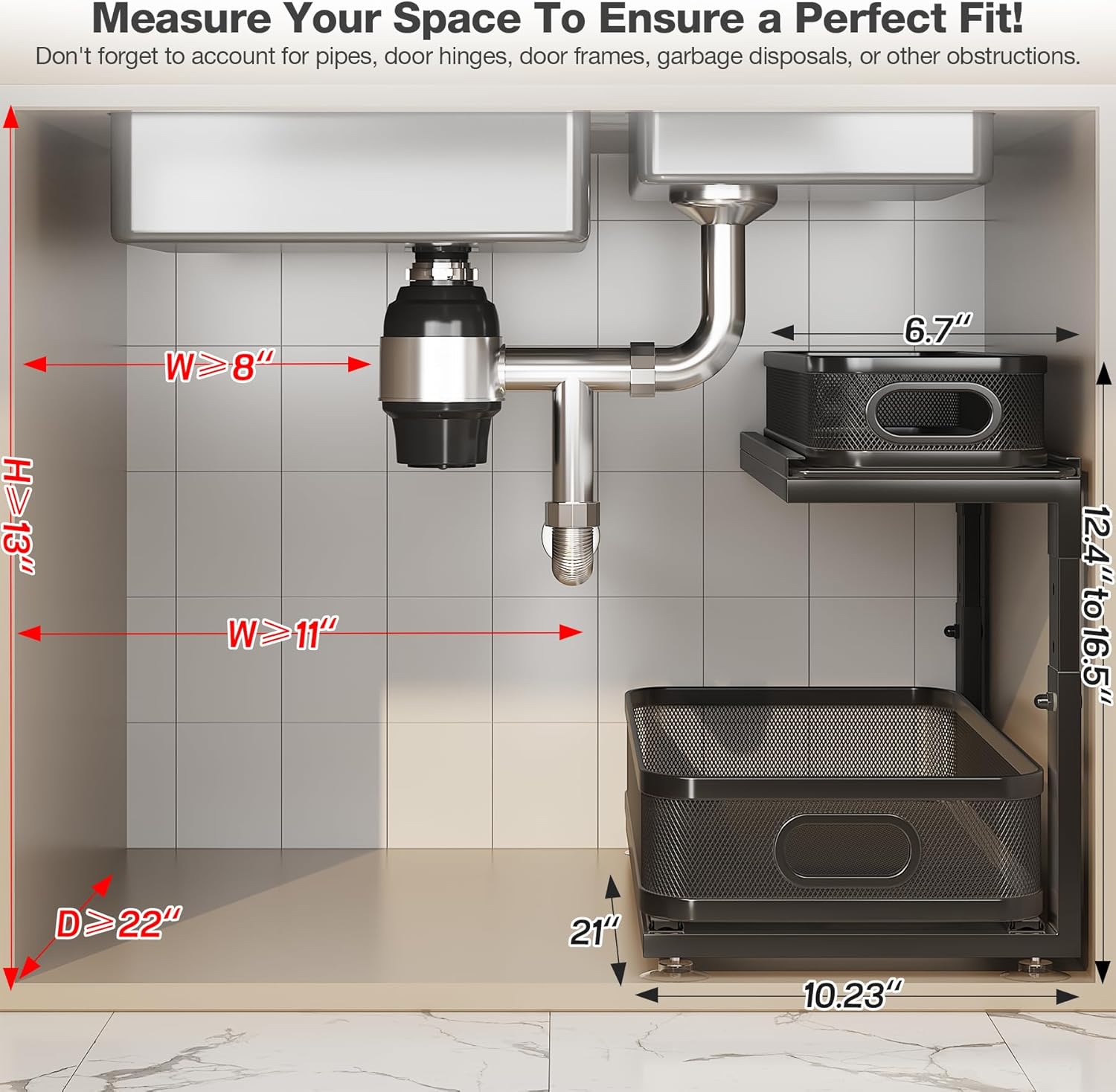 2 pack 21in-depth under sink organizer with next-gen ball-bearing slides,2-tier precision mesh pull out cabinet storage for bathroom&kitchen,height adjustable drawers shelf,anti-rust-black black 2 pack-21"dx12.4"-16.5"h