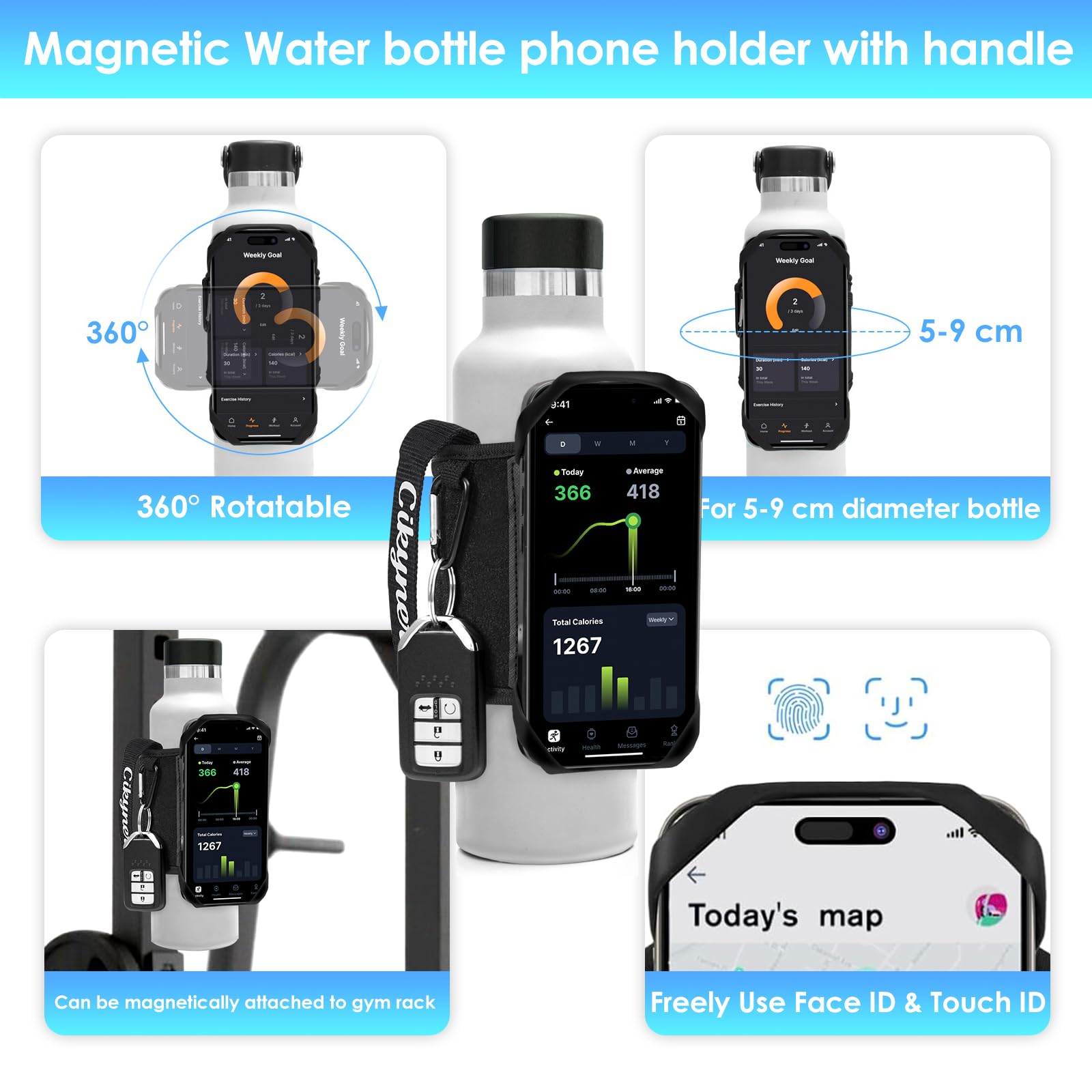 Cikyner Correa magnética para Botella de Agua con asa, Soporte para Botella de Agua Giratorio y Extraíble de 360°, Soporte para Botella para Teléfonos de 4,5 a 7 Pulgadas y Botellas de Agua de Ø5-9cm