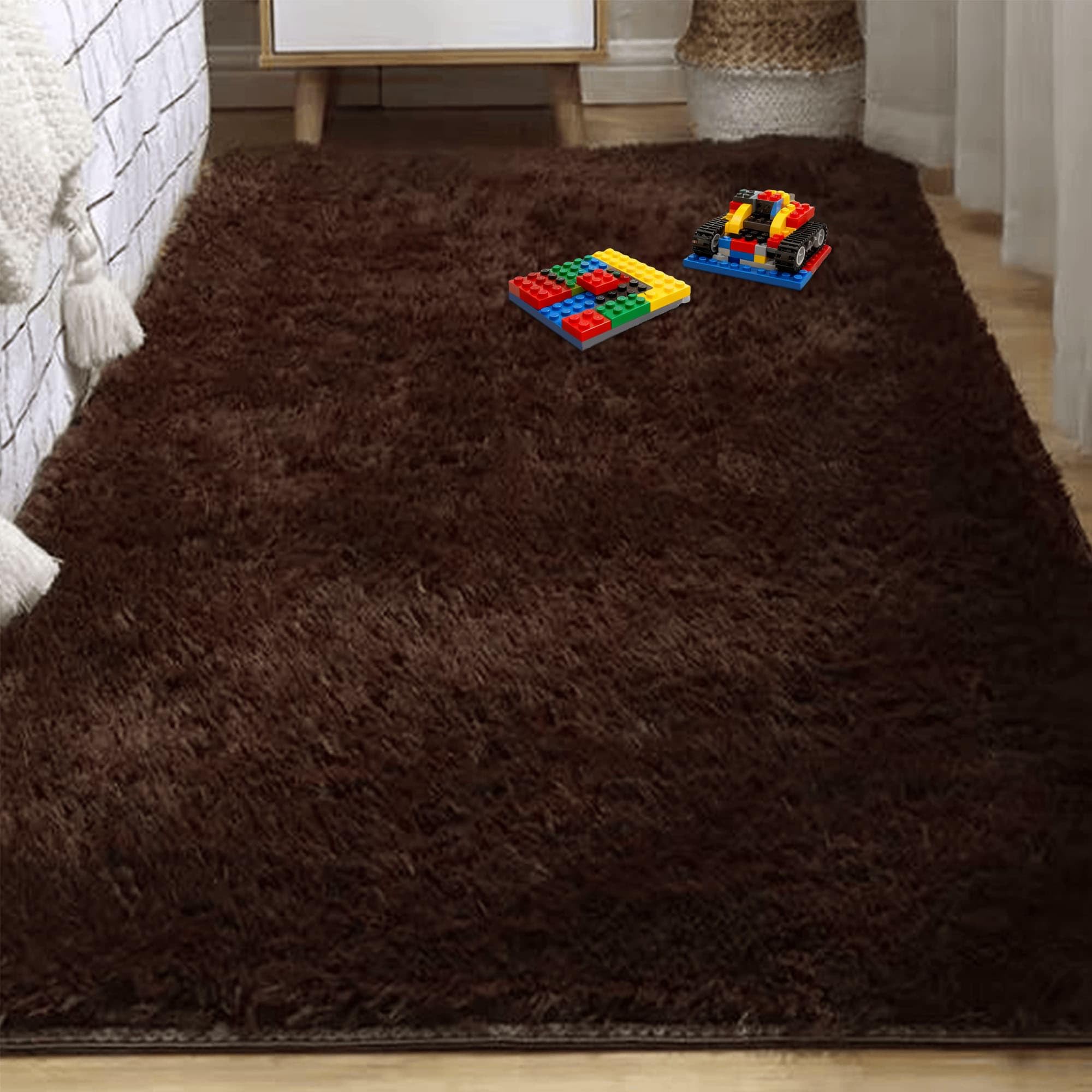 Tapis de salon 240 x 270 cm shaggy de haute densité style moderne brun