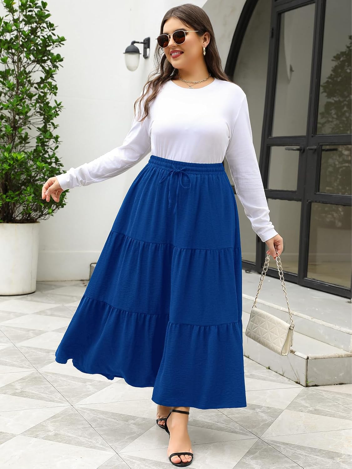 Women's Plus Size Long Maxi Skirt 1x-4x Elastic Waist Tie Drawstring Crinkle Flowy A-line Skirts with Pockets - Image 2