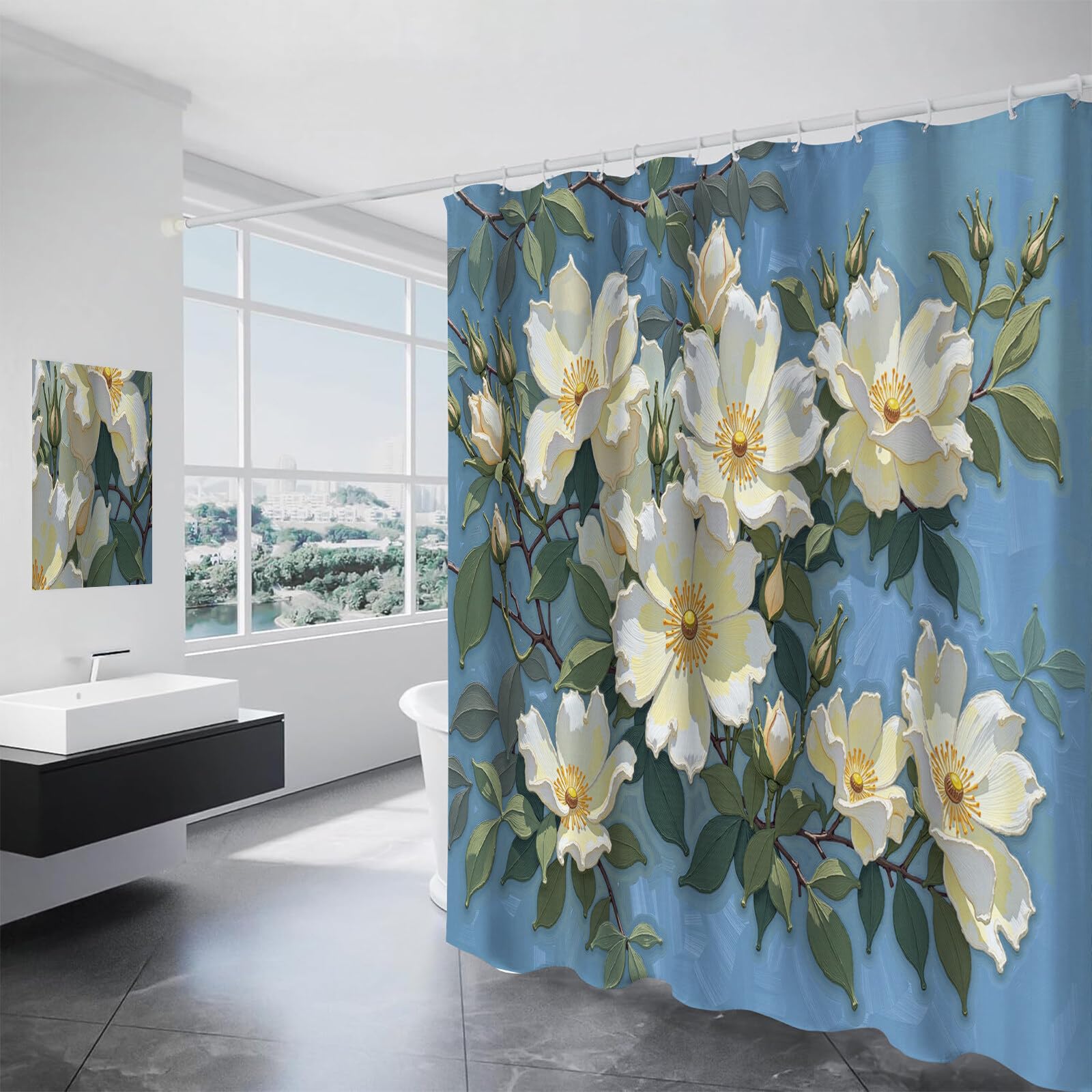 Rideau Douche,Rideau Baignoire Lavable en Machine Rideaux Douche Tissus Lavable Rideau De Baignoire Lavable pour Salle De Bain Domicile Baignoire Famille,Roses Feuilles Vertes,