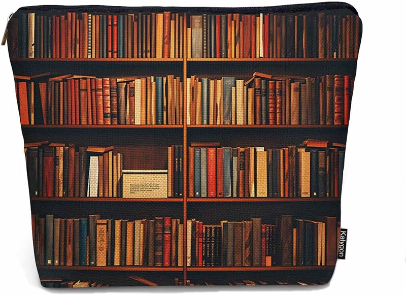 Necessaire de maquiagem Kalygon com estampa de estante de livros, em linho, 1 unidade